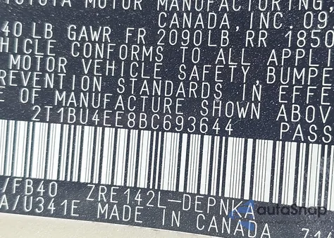 2011 Toyota Corolla Le из США, поврежденный, VIN 2T1BU4EE8BC693644